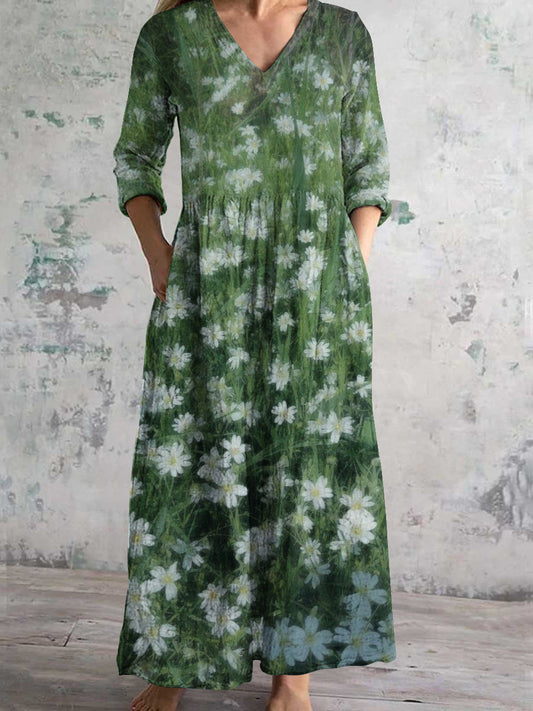 Vintage Botanical Floral Plant Art Print Women's V Neck Long Sleeve Pocket Dress