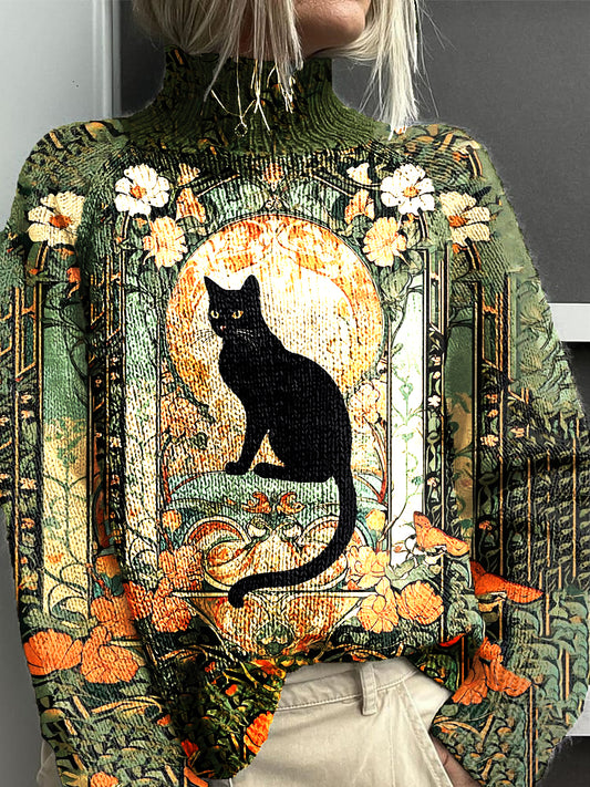 Women's Vintage Cat Art Print Knitted Turtleneck Sweater