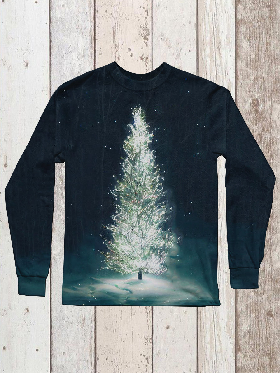 Christmas Tree Art Print Unisex Round Neck Long Sleeve Casual T-Shirt