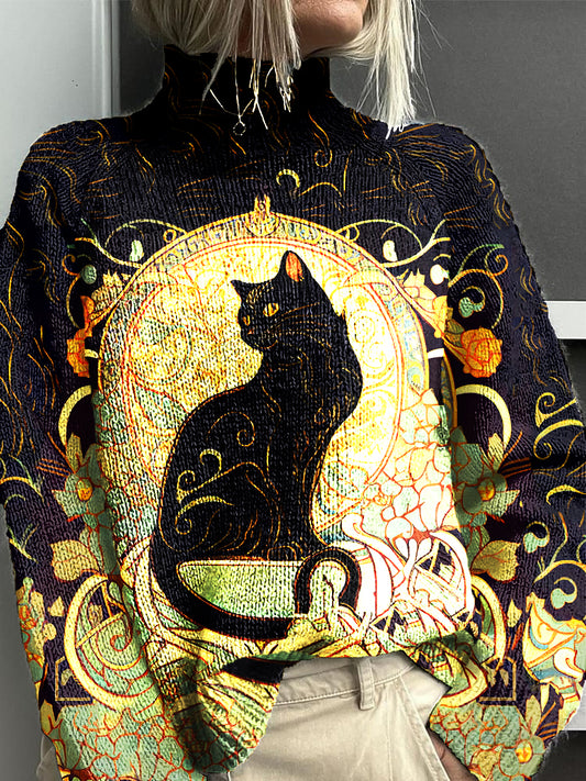 Women's Vintage Cat Art Print Knitted Turtleneck Sweater