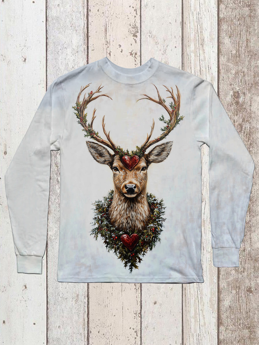 Deer Heart Pattern Christmas Art Print Unisex Round Neck Long Sleeve Casual T-Shirt