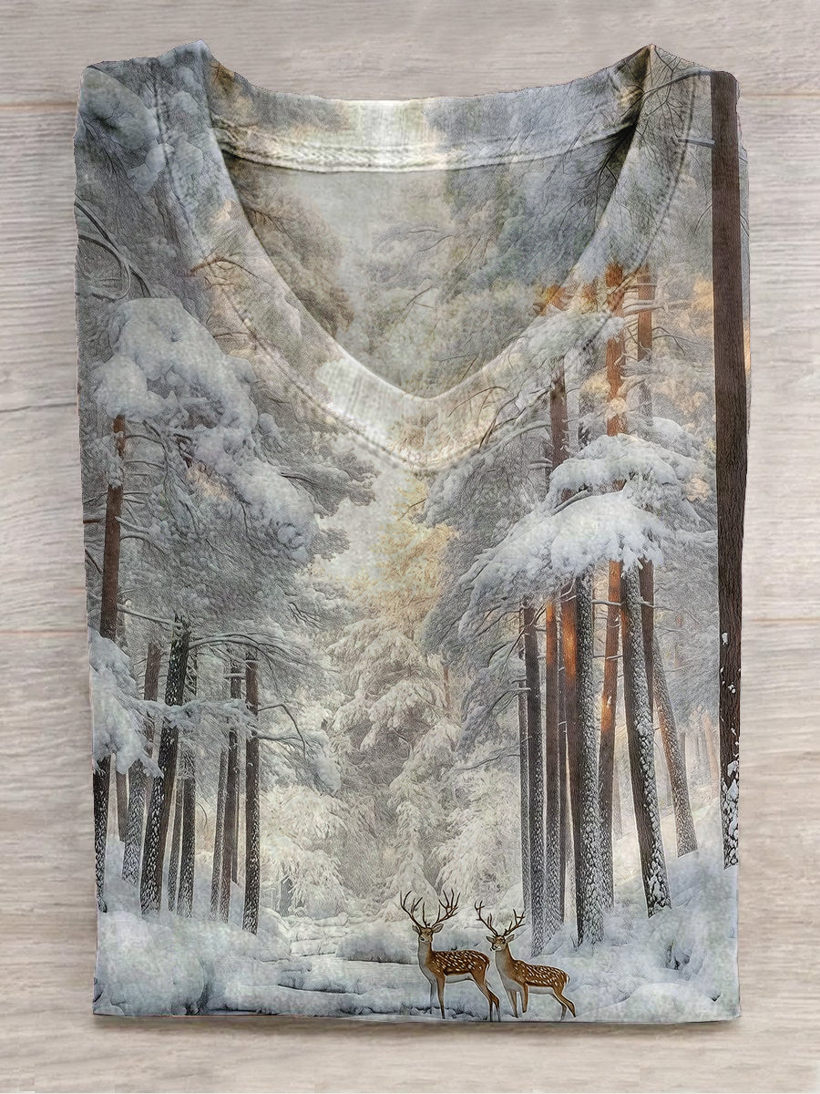 Forest Snow Scene Art Print Unisex V-neck Short Sleeve Casual T-shirt