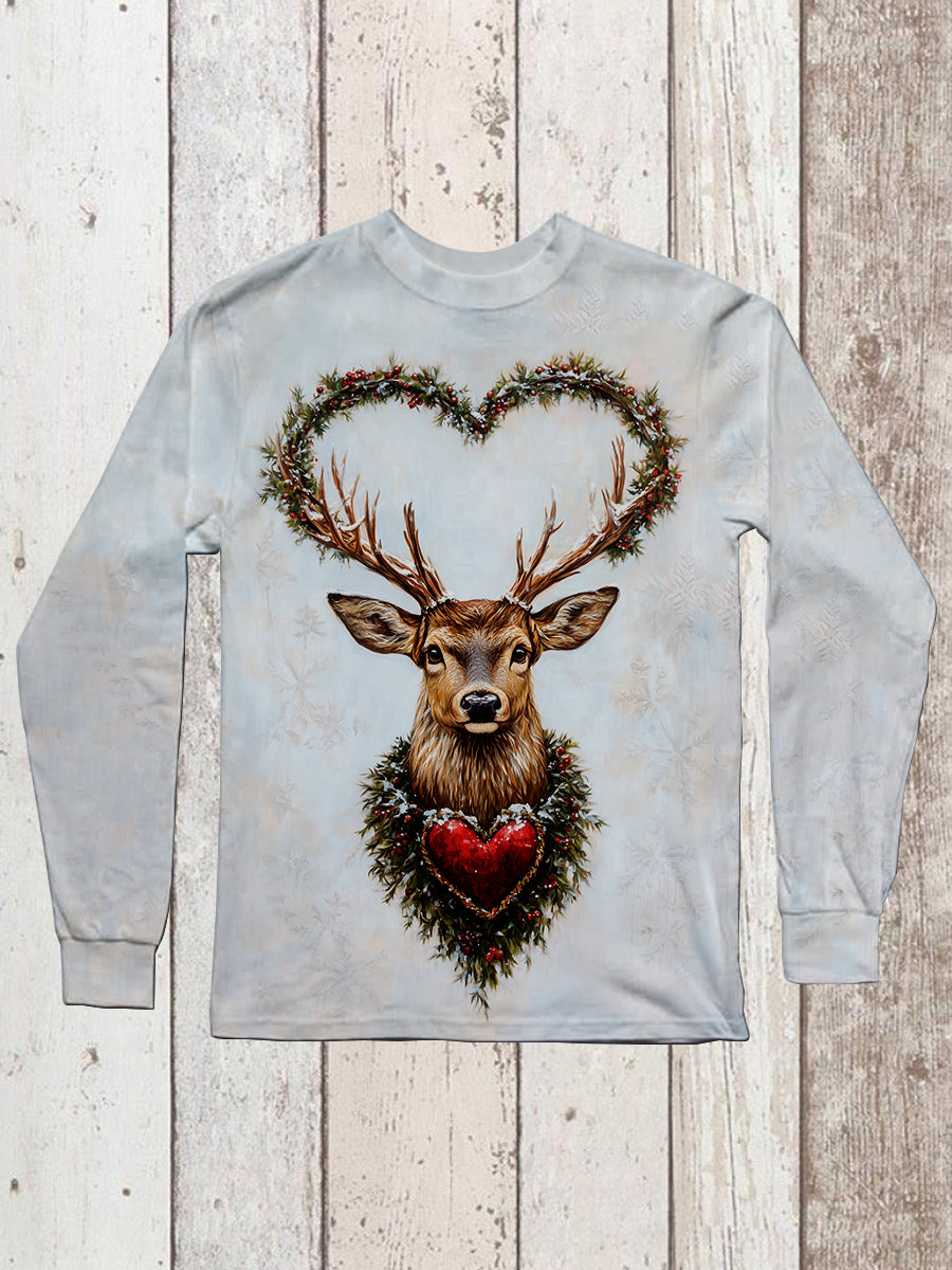 Deer Heart Pattern Christmas Art Print Unisex Round Neck Long Sleeve Casual T-Shirt