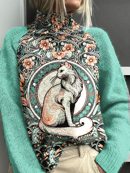 Women's Vintage Cat Art Print Knitted Turtleneck Sweater