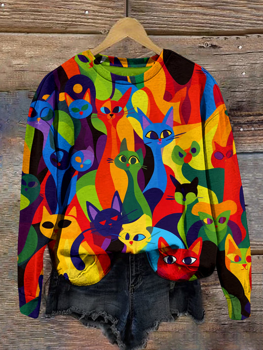 Abstract Cat Art Print Unisex Crew Neck Long Sleeve Casual Sweatshirt