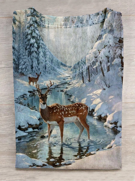 Forest Snow Scene Art Print Unisex V-neck Short Sleeve Casual T-shirt