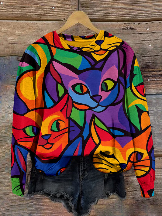 Abstract Cat Art Print Unisex Crew Neck Long Sleeve Casual Sweatshirt