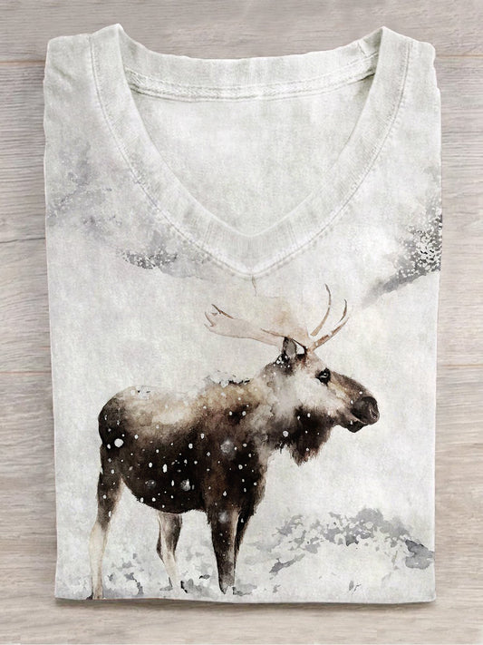 Forest Snow Scene Art Print Unisex V-neck Short Sleeve Casual T-shirt