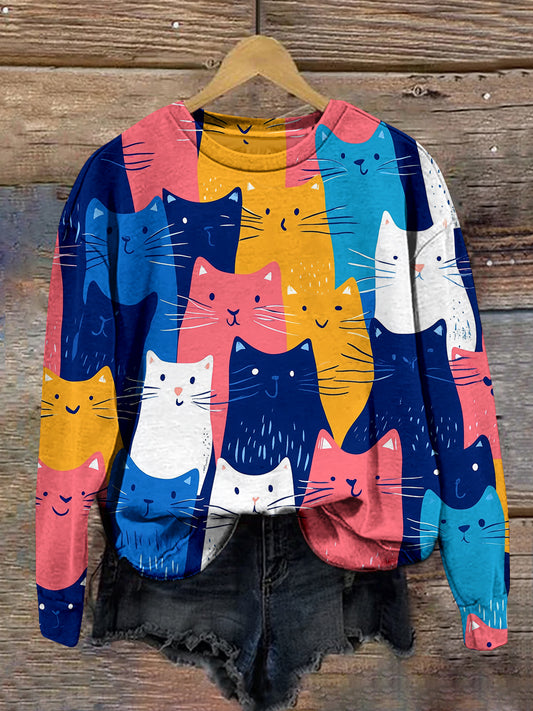 Abstract Cat Art Print Unisex Crew Neck Long Sleeve Casual Sweatshirt