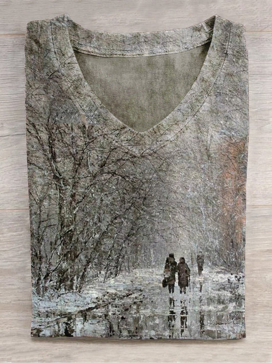 Snowy Day Companion Scenery Art Print Unisex V-Neck Short-Sleeved Casual T-Shirt