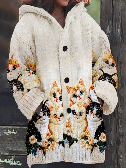 Cute Cat Print Button Thick Long Hooded Cardigan Sweater