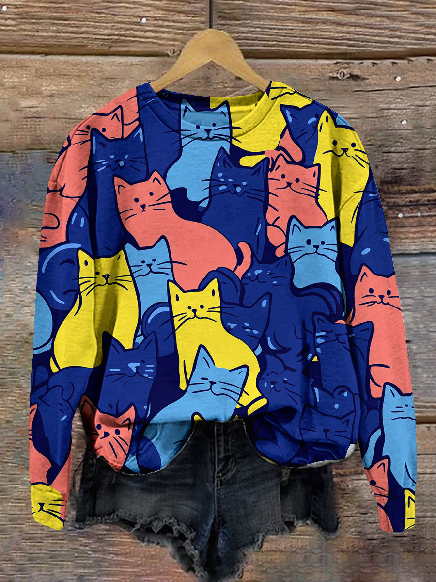 Abstract Cat Art Print Unisex Crew Neck Long Sleeve Casual Sweatshirt