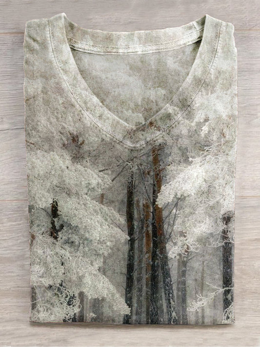 Forest Snow Scene Art Print Unisex V-neck Short Sleeve Casual T-shirt