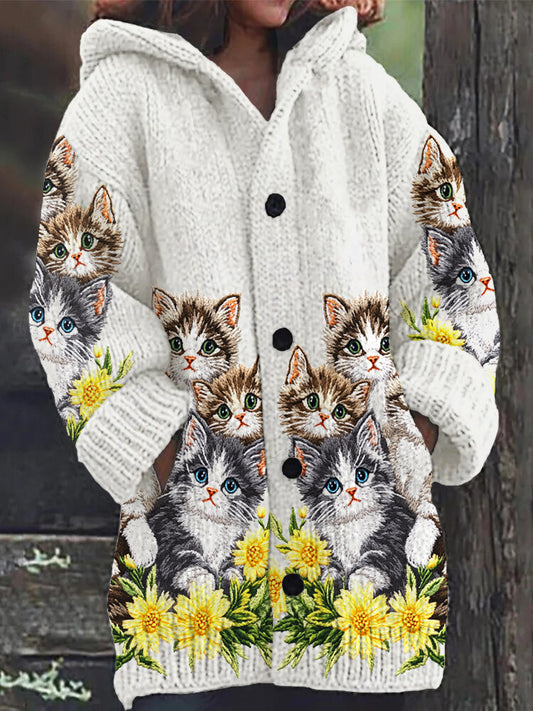 Cute Cat Print Button Thick Long Hooded Cardigan Sweater