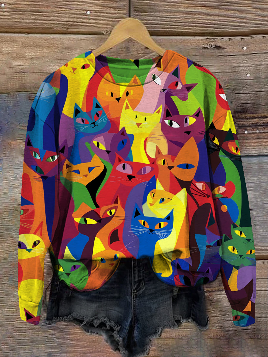 Abstract Cat Art Print Unisex Crew Neck Long Sleeve Casual Sweatshirt