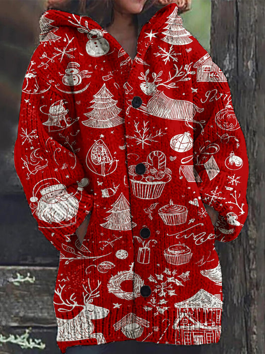 Christmas Print Button Long Hooded Cardigan Sweater