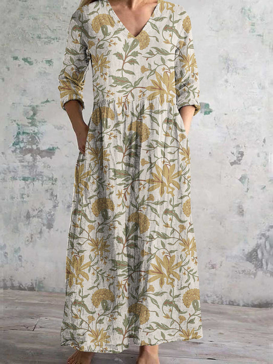 Vintage Botanical Floral Plant Art Print Women's V Neck Long Sleeve Pocket Dress