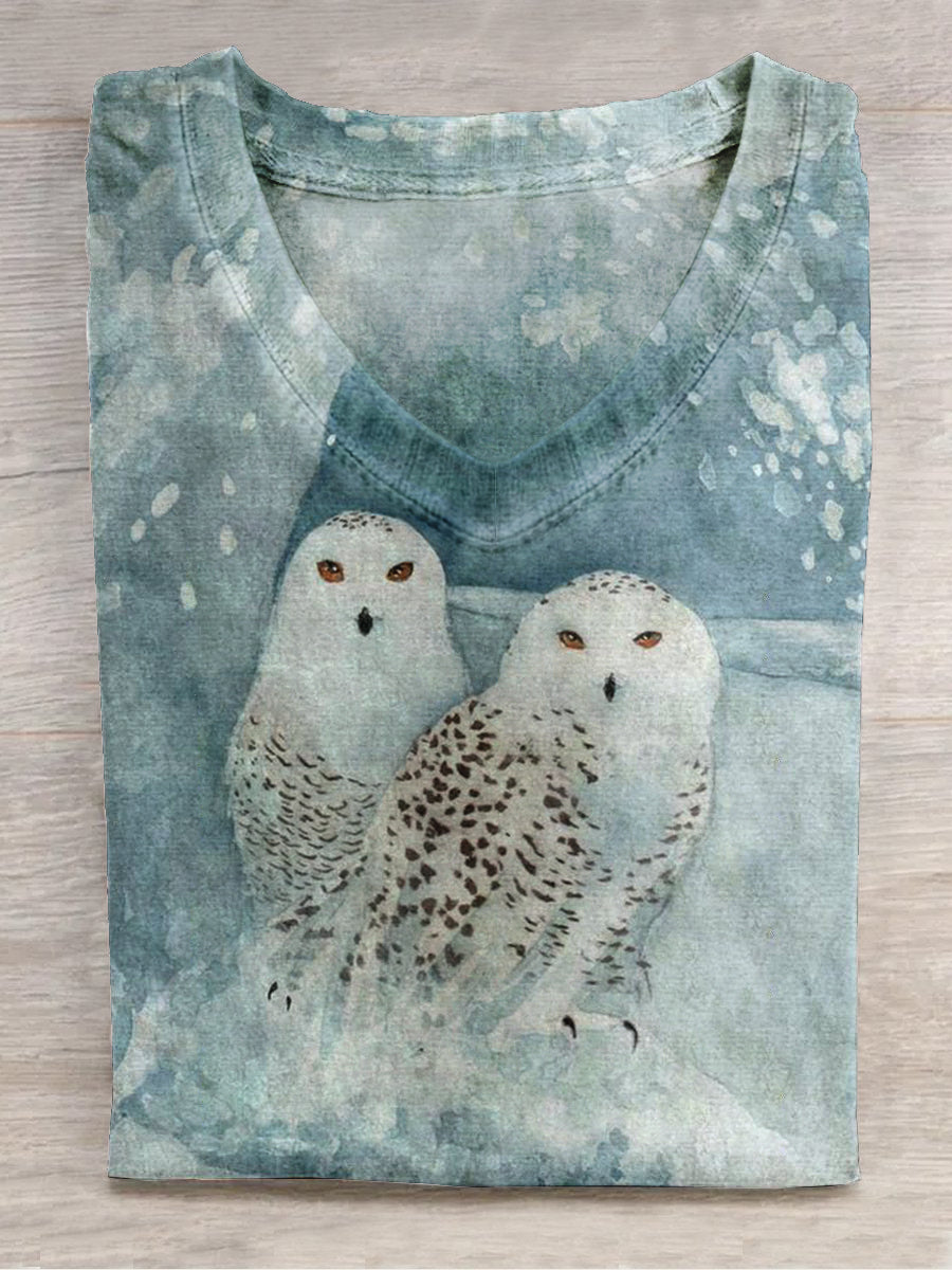 Owl Snowflake Art Print Unisex V-neck Short Sleeve Casual T-shirt