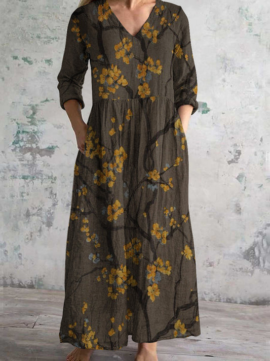 Vintage Botanical Floral Plant Art Print Women's V Neck Long Sleeve Pocket Dress