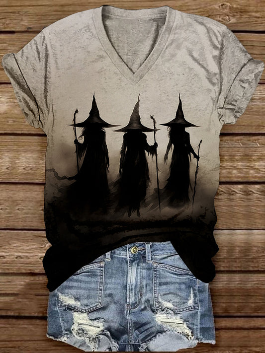 Witch Art Print Unisex V-Neck Short Sleeve Casual T-Shirt