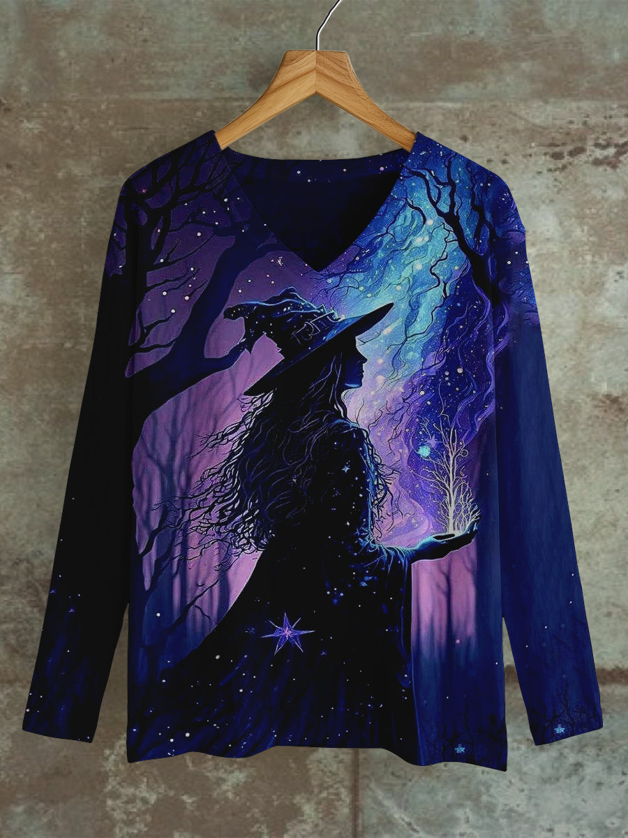 Witch Art Print Unisex V-Neck Long Sleeve Casual T-Shirt