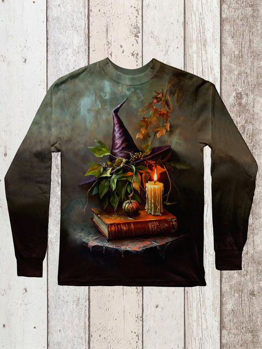 Witch Magic Book Art Print Unisex Round Neck Long Sleeve Casual T-Shirt