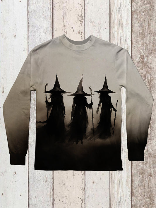 Witch Art Print Unisex Round Neck Long Sleeve Casual T-Shirt