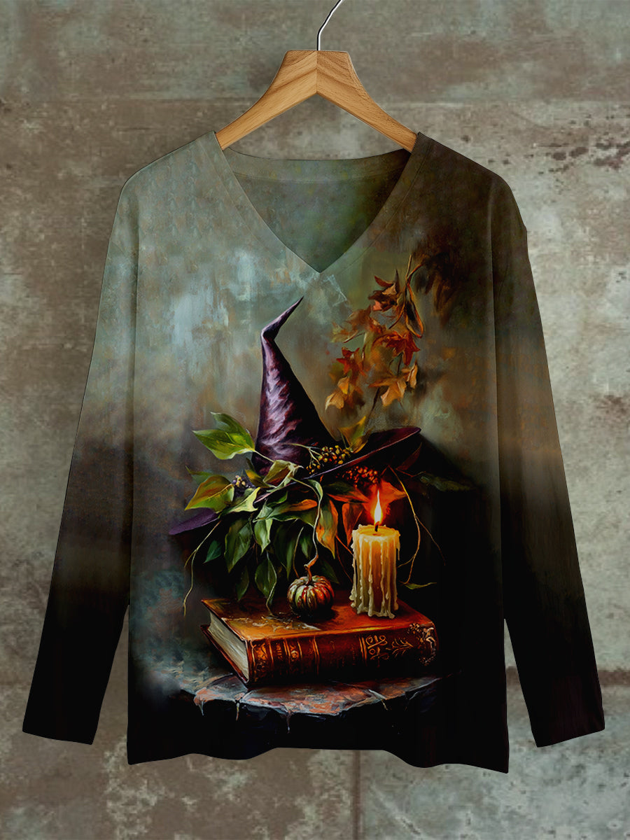 Witch Magic Book Art Print Unisex V-Neck Long Sleeve Casual T-Shirt