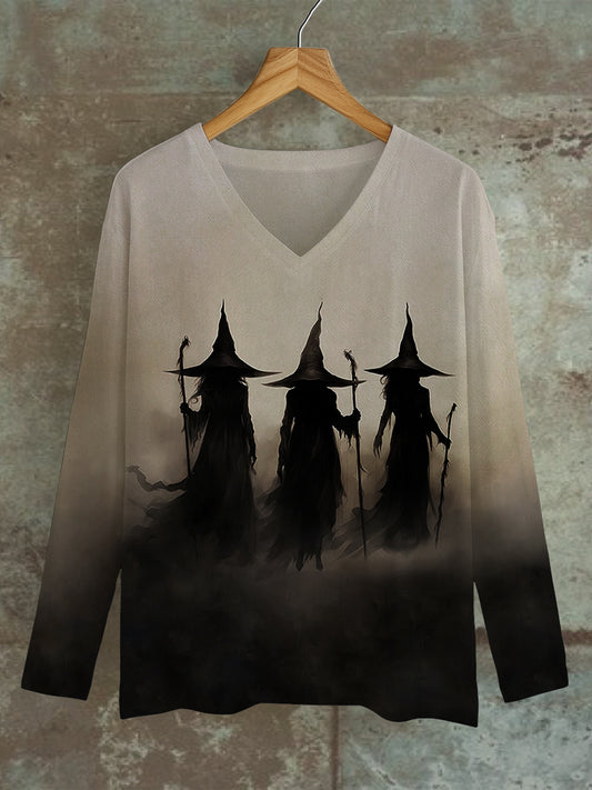 Witch Art Print Unisex V-Neck Long Sleeve Casual T-Shirt