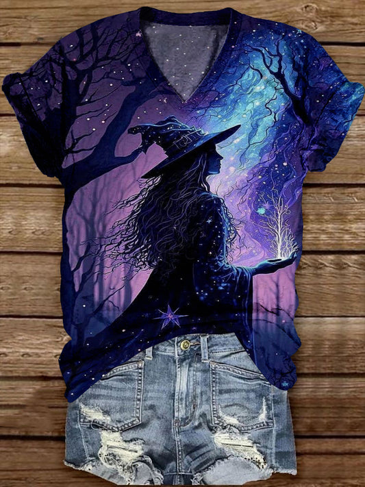 Witch Art Print Unisex V-Neck Short Sleeve Casual T-Shirt