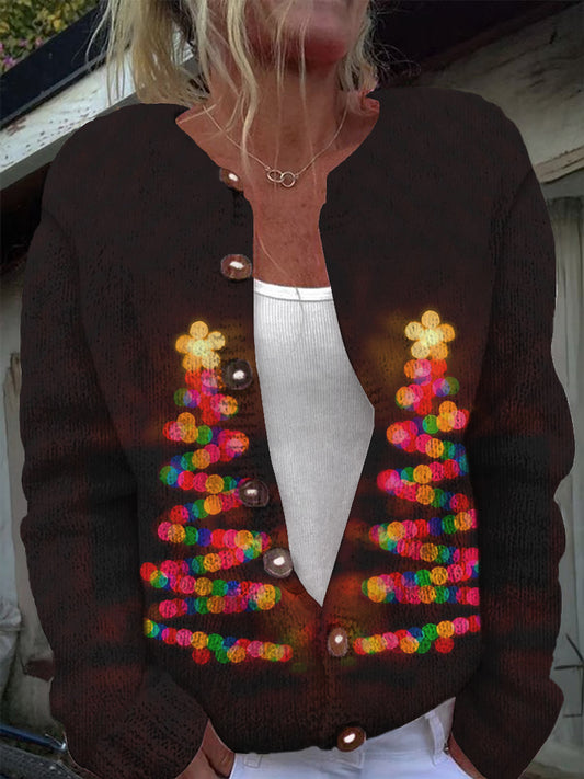 Lighted Christmas Tree Art Print Casual Long Sleeve Knit Cardigan