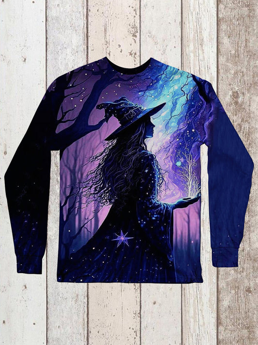 Witch Art Print Unisex Round Neck Long Sleeve Casual T-Shirt