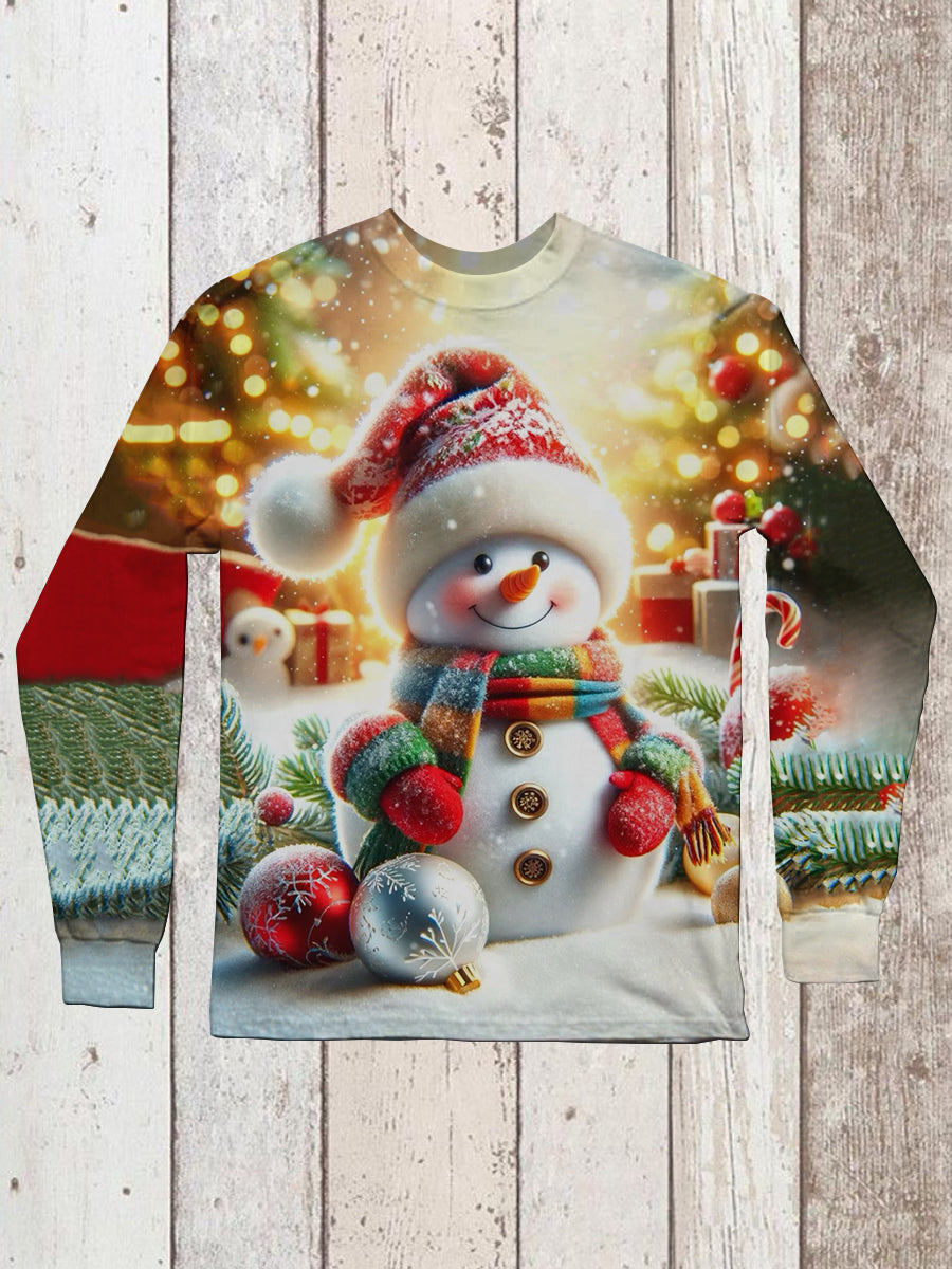 Snowman Christmas Art Printed Unisex Round Neck Long Sleeve Casual T-Shirt