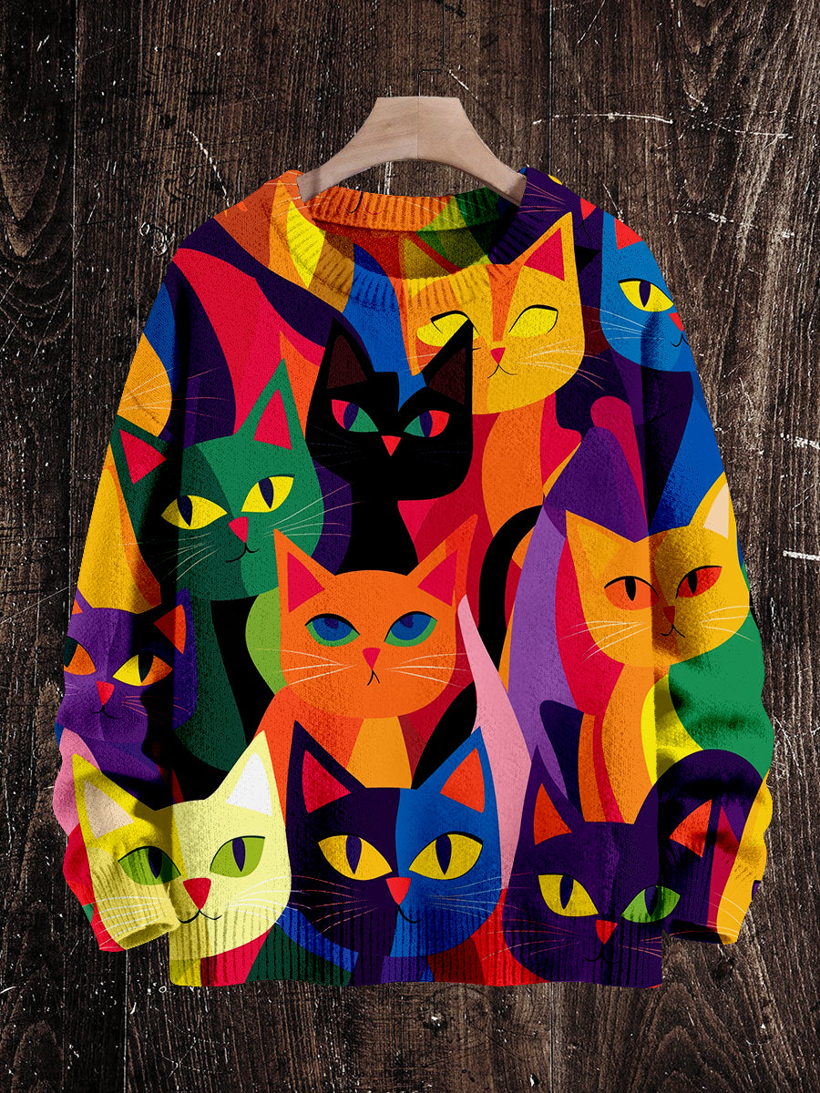 Cat Art Print Unisex Crew Neck Long Sleeve Knit Sweater