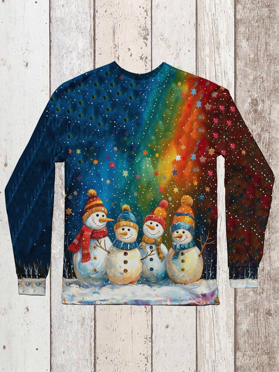 Snowman Christmas Art Printed Unisex Round Neck Long Sleeve Casual T-Shirt