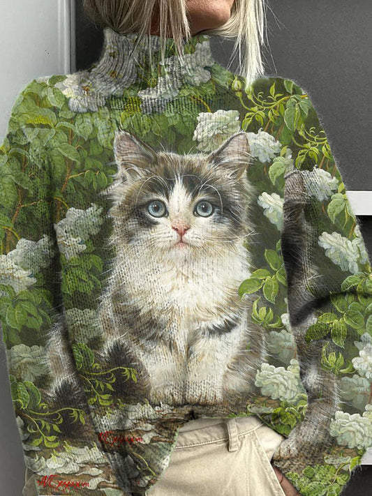 Women's Cat Plant Flower Art Pattern Warm Casual Turtleneck Sweater