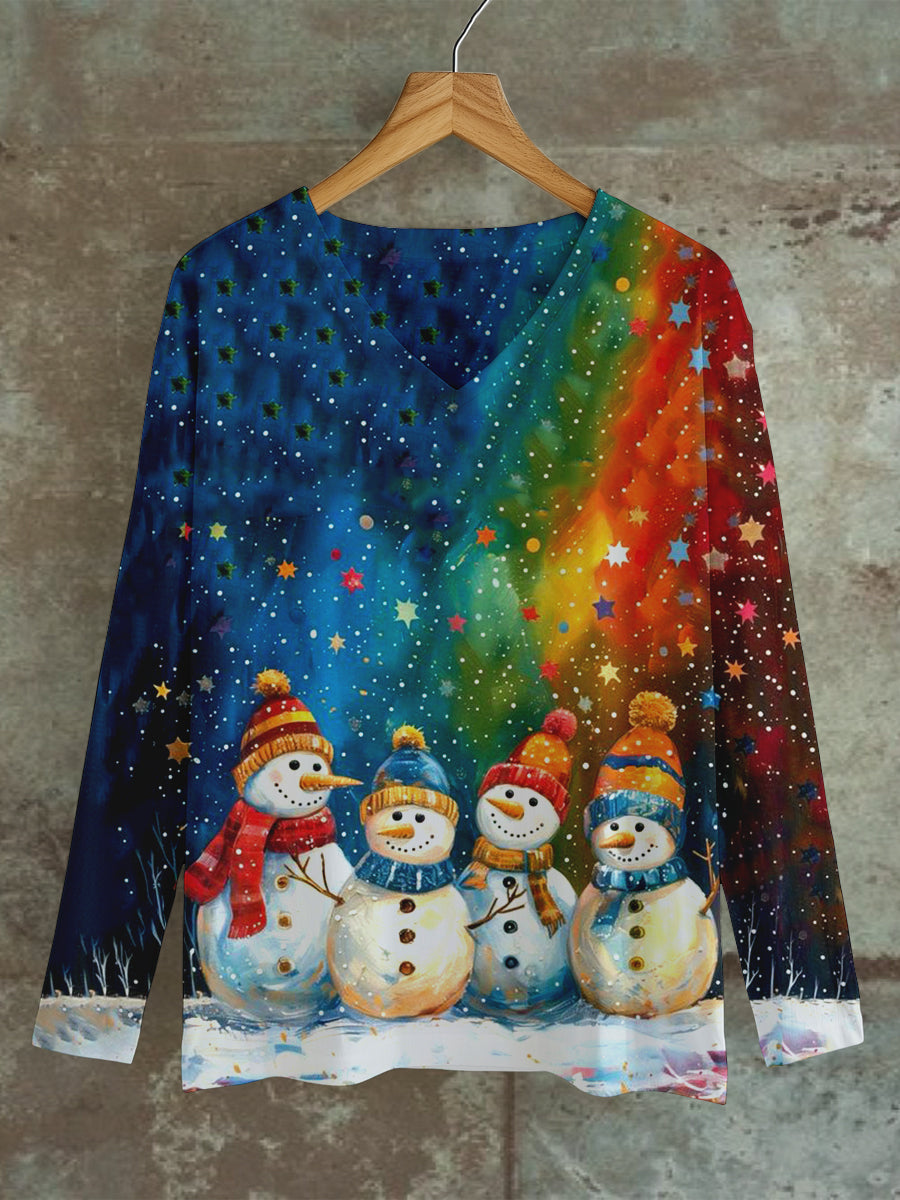 Snowman Christmas Art Print Unisex V-neck Long Sleeve Casual T-shirt