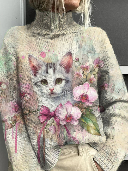 Women's Cat Flower Pattern Warm Casual Turtleneck Sweater