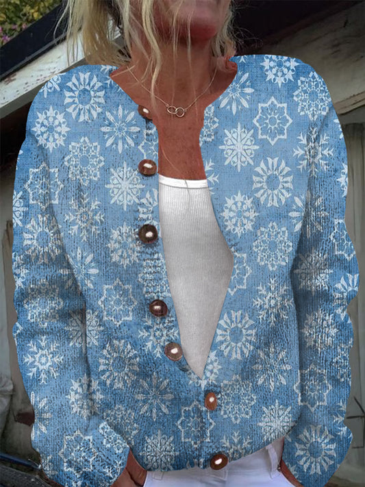 Christmas Snowflake Print Casual Long Sleeve Knit Cardigan