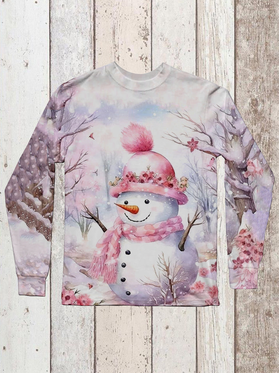 Snowman Christmas Art Printed Unisex Round Neck Long Sleeve Casual T-Shirt