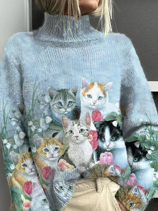 Women's Cat Flower Pattern Warm Casual Turtleneck Sweater