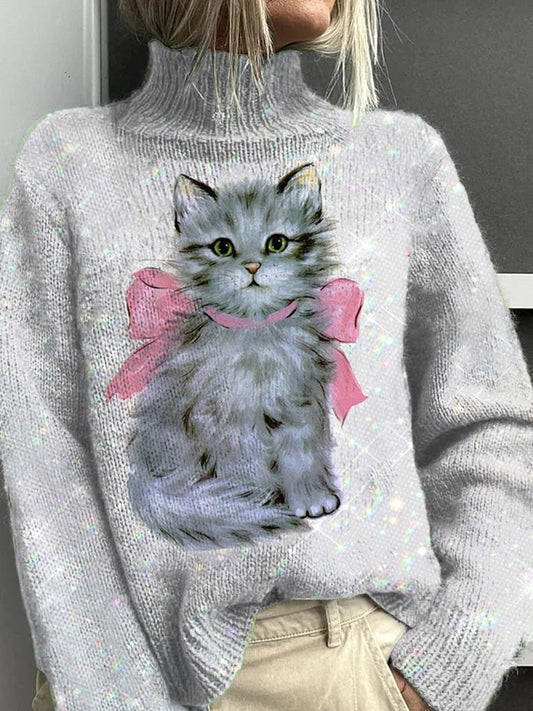 Women's Bow Cat Glitter Pattern Warm Casual Turtleneck Sweater