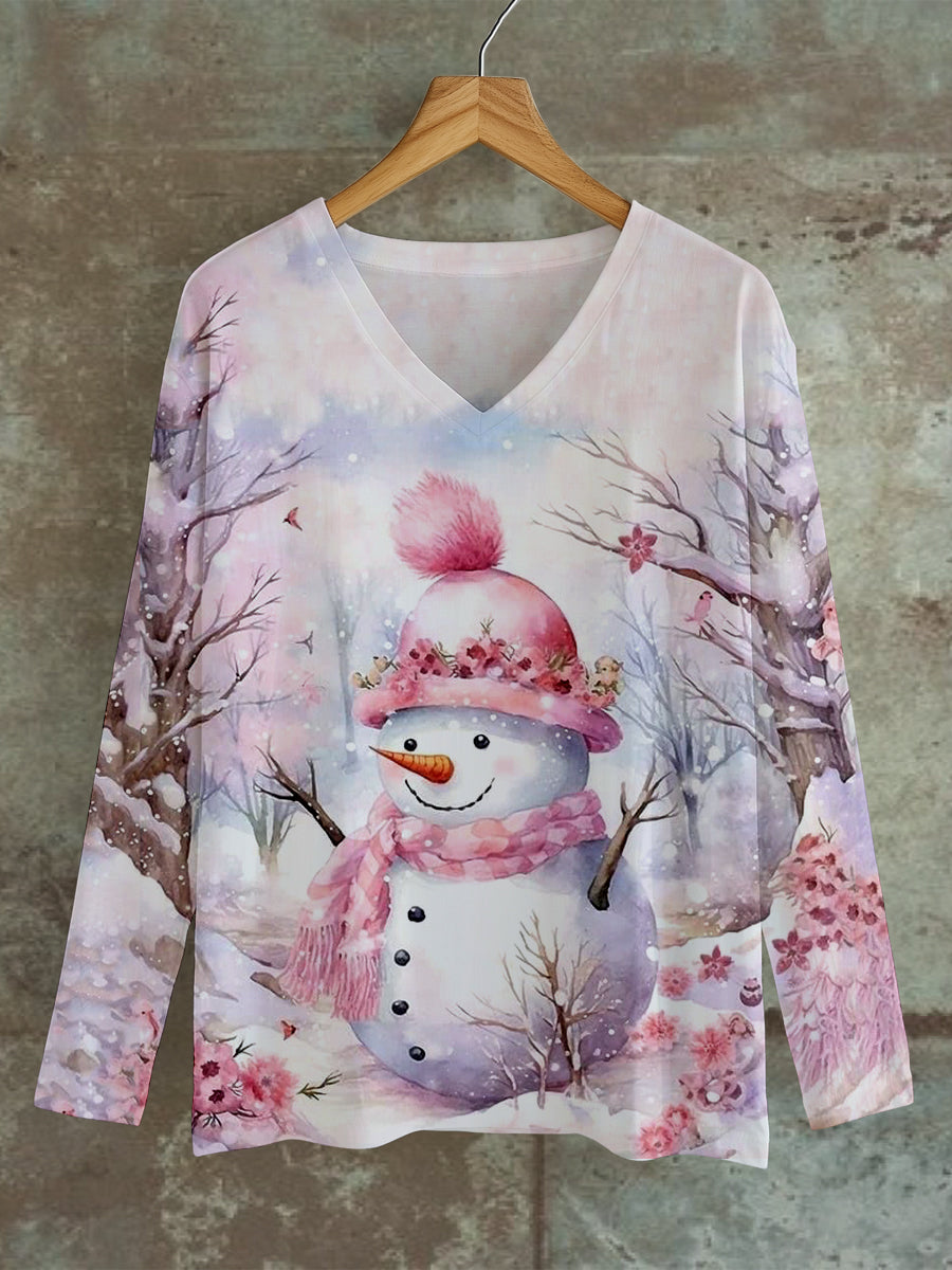 Snowman Christmas Art Print Unisex V-neck Long Sleeve Casual T-shirt