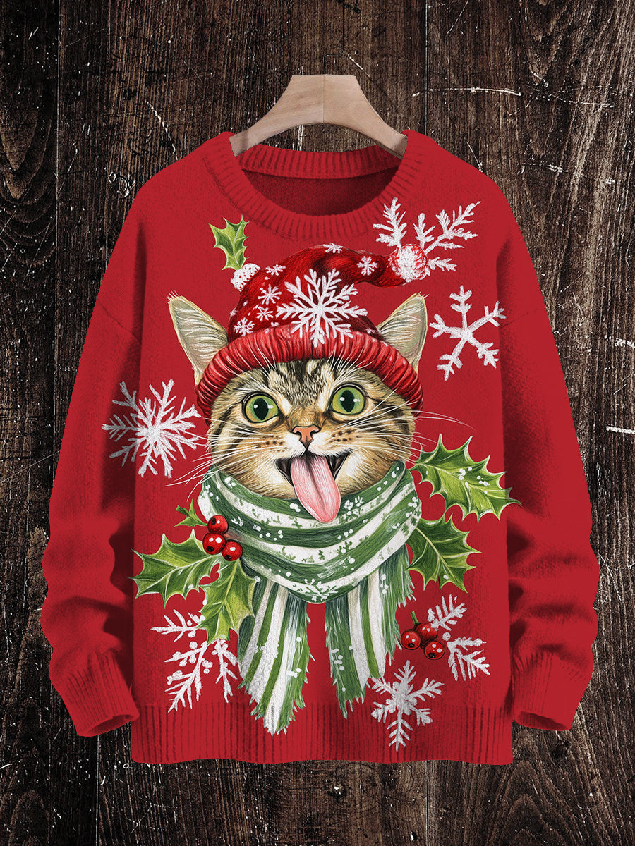 Christmas Funny Cat Art Print Unisex Crew Neck Long Sleeve Knitted Sweater