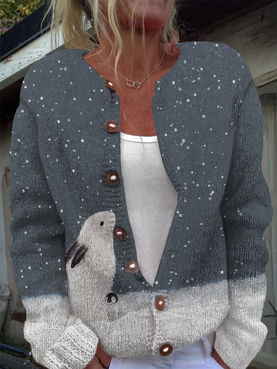 Winter Snowflake Rabbit Print Casual Long Sleeve Knitted Cardigan