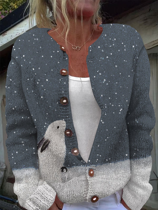 Winter Snowflake Rabbit Print Casual Long Sleeve Knitted Cardigan