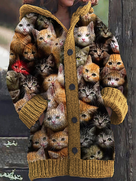 Women's Cute Cat Pattern Knitted Casual Warm Hooded Cardigan