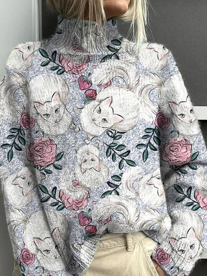 Women's Cat Rose Pattern Warm Casual Turtleneck Sweater