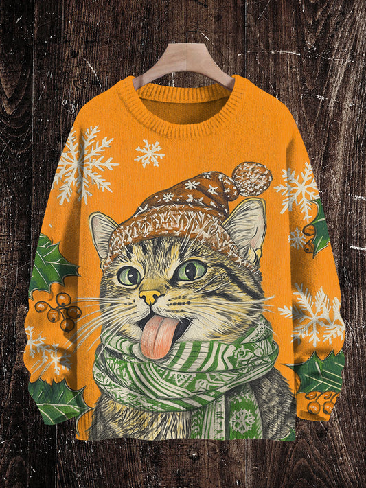 Christmas Funny Cat Art Print Unisex Crew Neck Long Sleeve Knitted Sweater