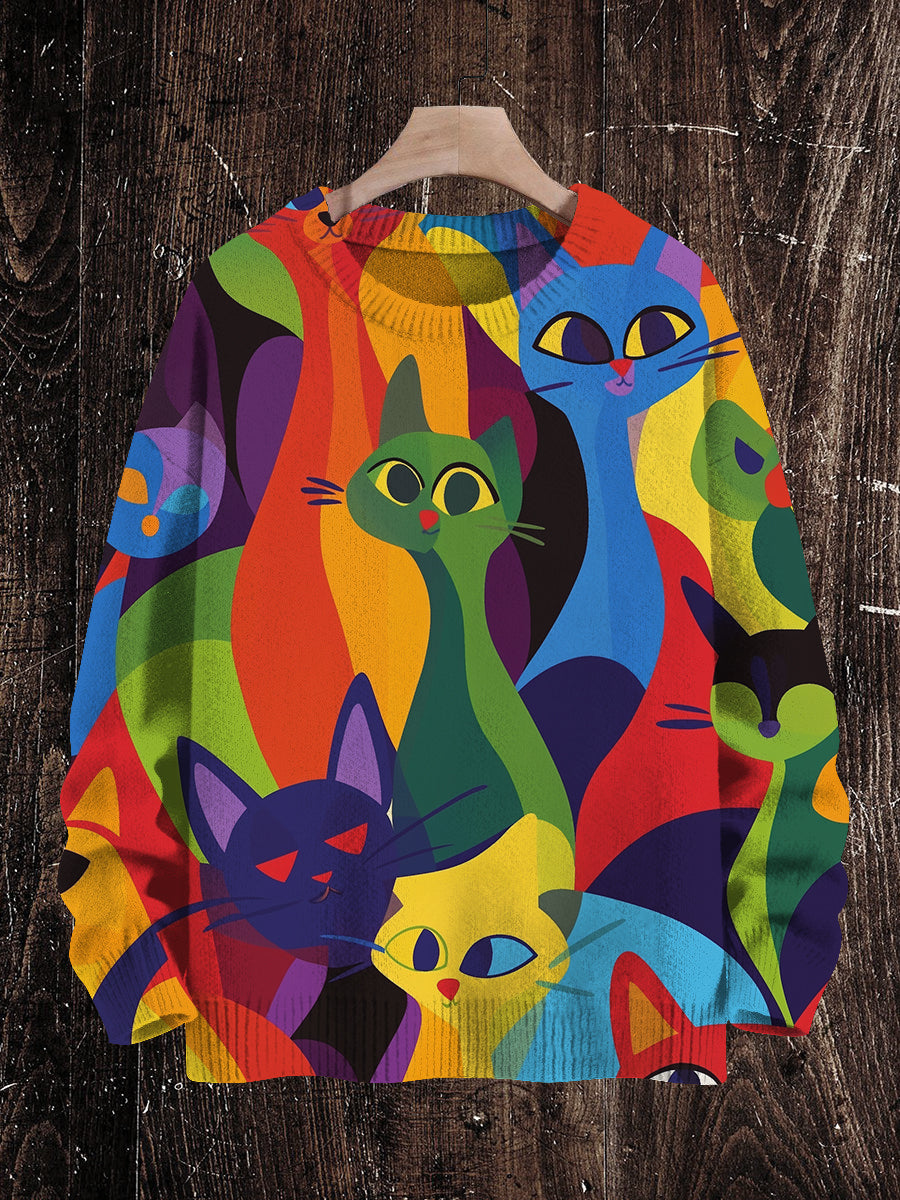 Abstract Geometric Cat Art Print Unisex Crew Neck Long Sleeve Knit Sweater